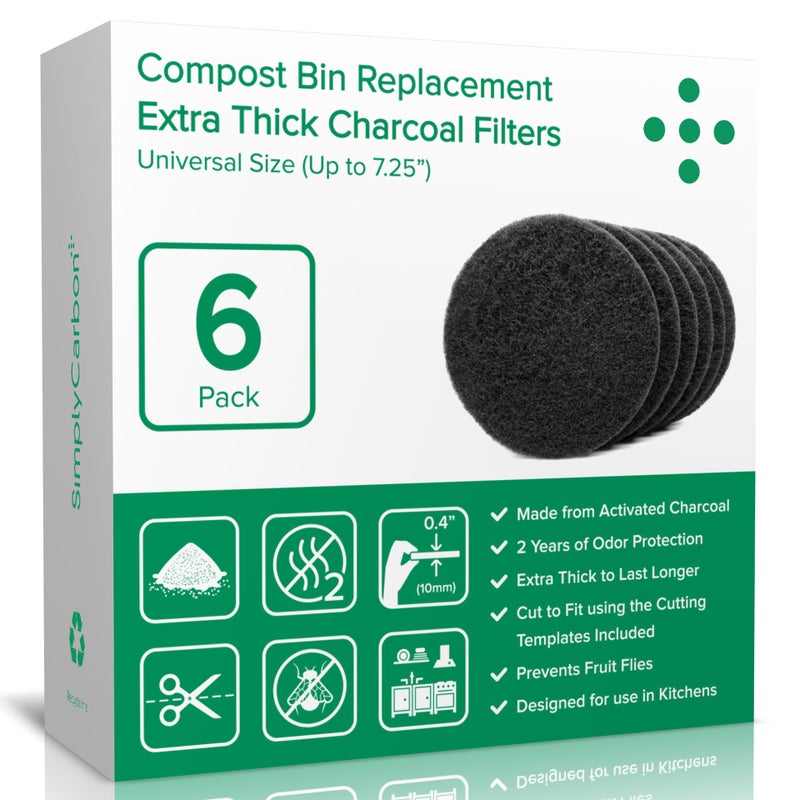 Simply Carbon 2 Years Supply Extra Thick Filters for Kitchen Compost Bins - Longer Lasting Activated Charcoal - Universal Size Fits ALL Compost Bins up to 7.25" Filter Size - Replacement Set of 6 (by Simply Carbon) - Image 1